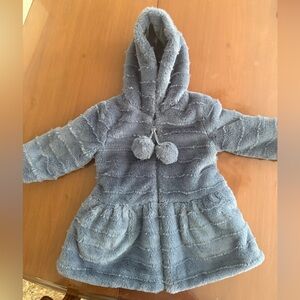 Widgeon Faux Fur Hooded Zip Front Pom Pom Coat, 2T, Navy Lash Stripe